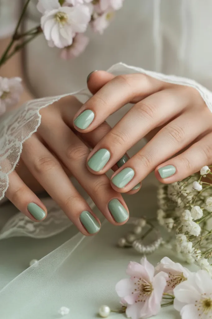Mint green nails, soft pastel vibe