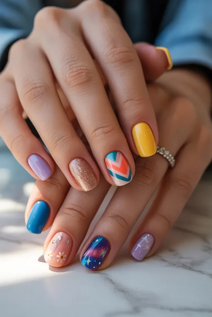 Mixed nail art designs, colorful