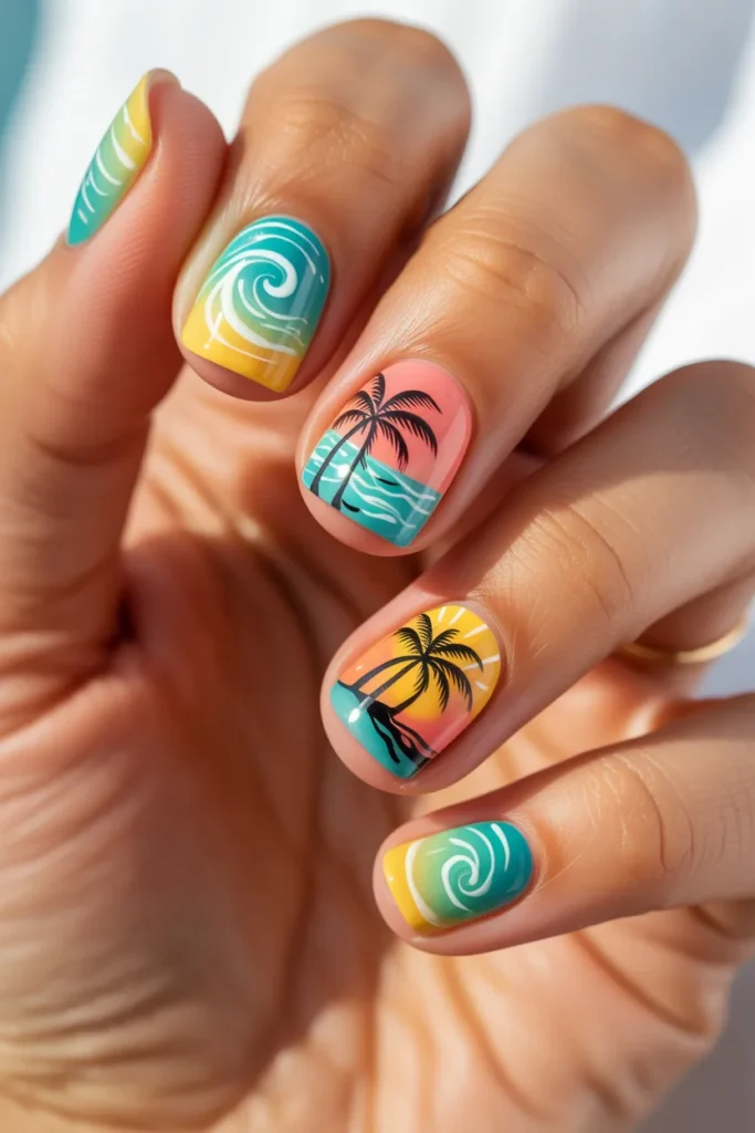 Mixed nail art with waves, palm trees, and sun