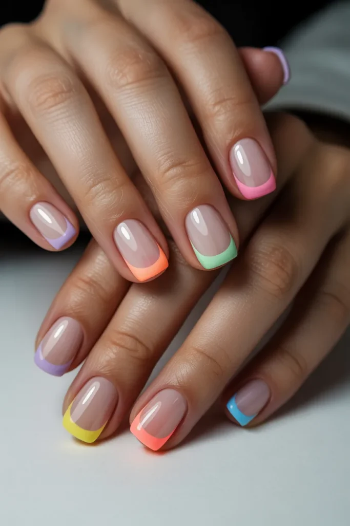 Modern French manicure with colorful tips, pastel tips, square nails