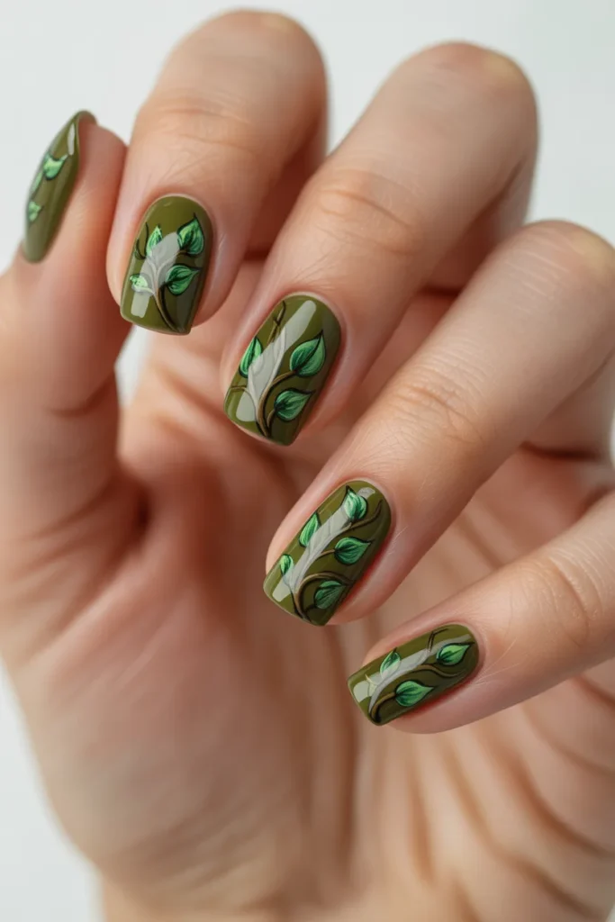 Moss green nails with leaf and vine details
