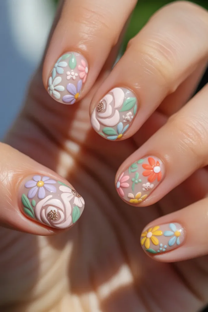 Multicolor nails with floral patterns