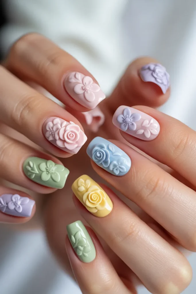 Multicolor pastel nails with 3D floral art, soft pink, blue, yellow