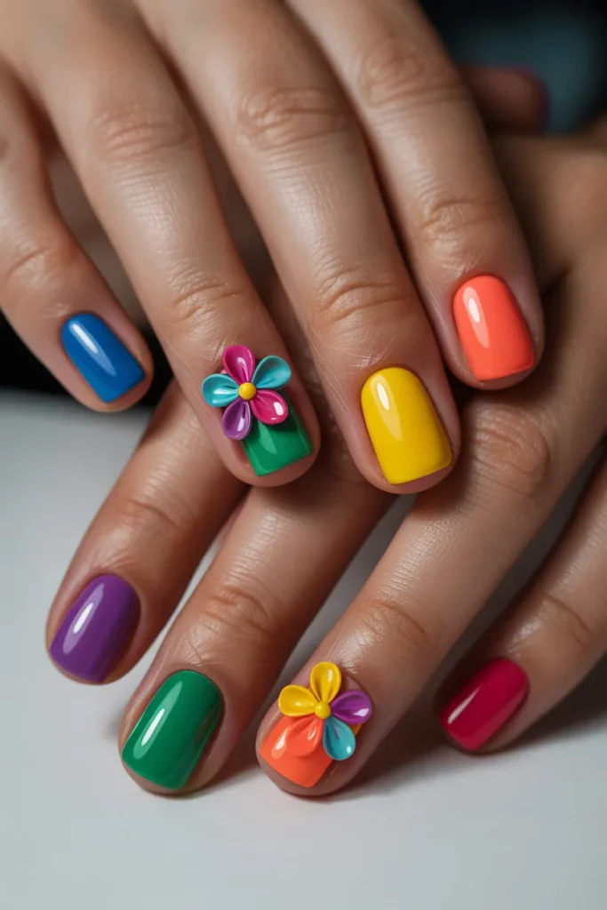 Multicolor rainbow nails with small 3D flowers