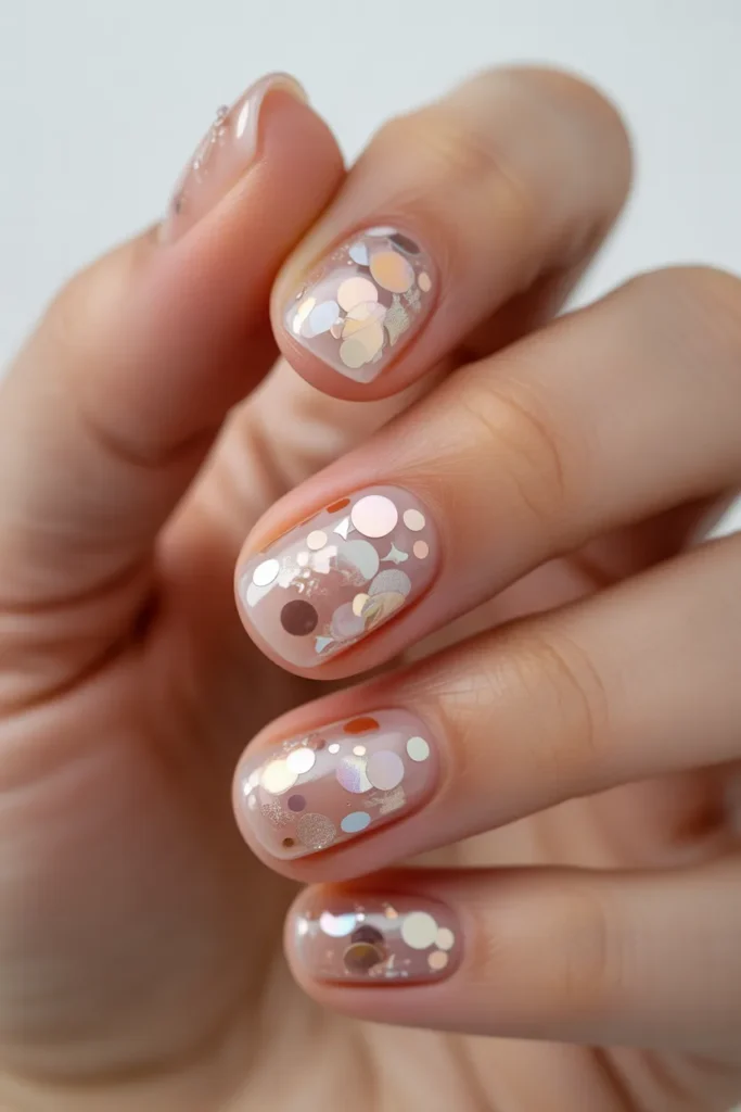 Multiple layers of confetti nails creating depth