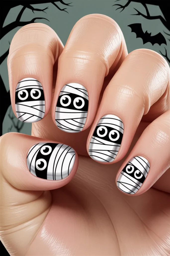 Mummy nail art, white wrap design, cartoon eyes