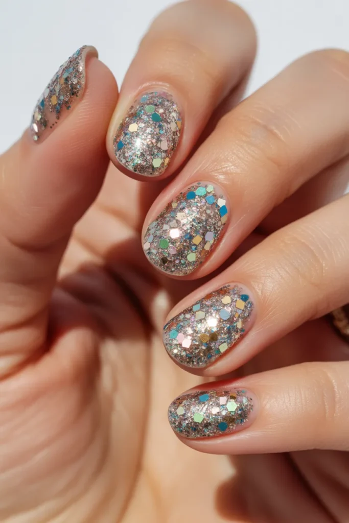 Nails covered in dense glitter and chunky confetti pieces