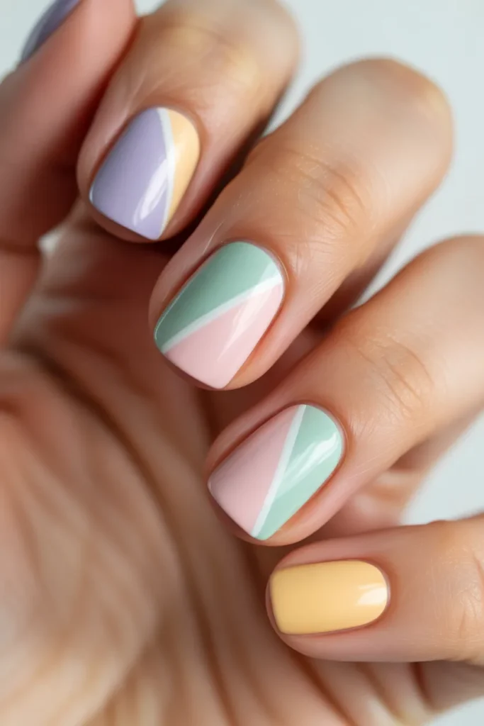 Nails divided into pastel color blocks