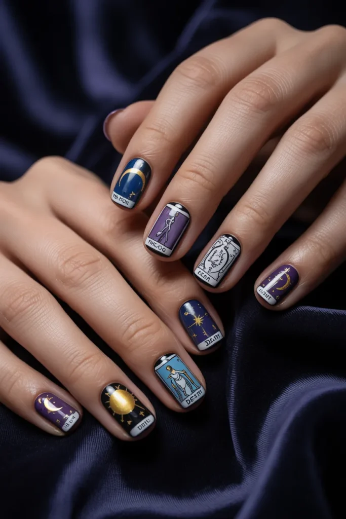 Nails featuring miniature tarot card designs