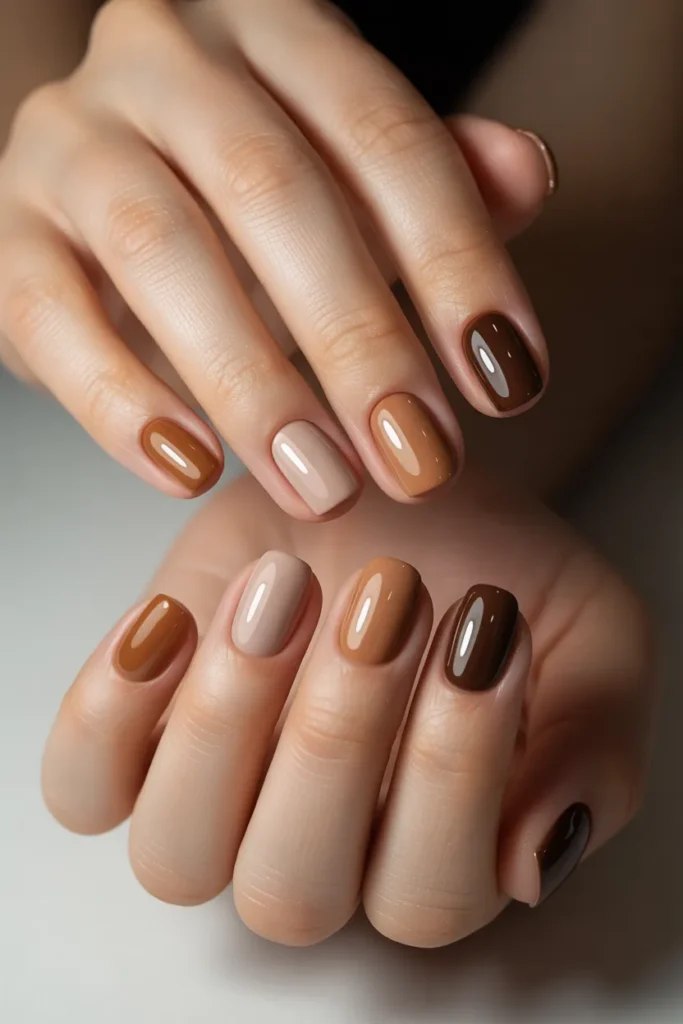 Nails in different shades of brown forming a gradient set