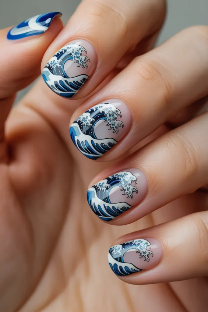 Nails inspired by traditional Japanese wave patterns, blue
