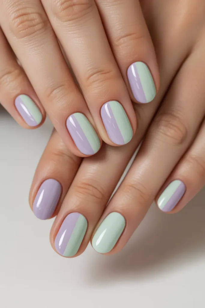Nails split into two pastel colors vertically