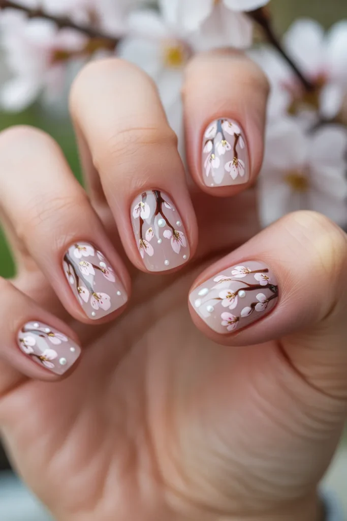 Nails with cherry blossom art, soft pink base