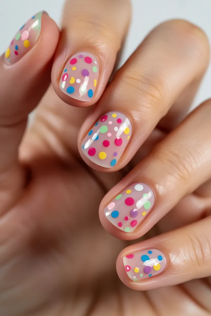 nails with clear base and multicolored confetti dots scattered randomly.