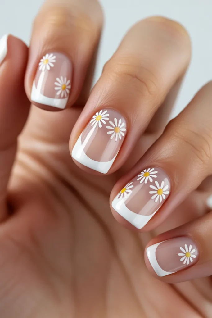 Nails with clear negative space and daisy designs