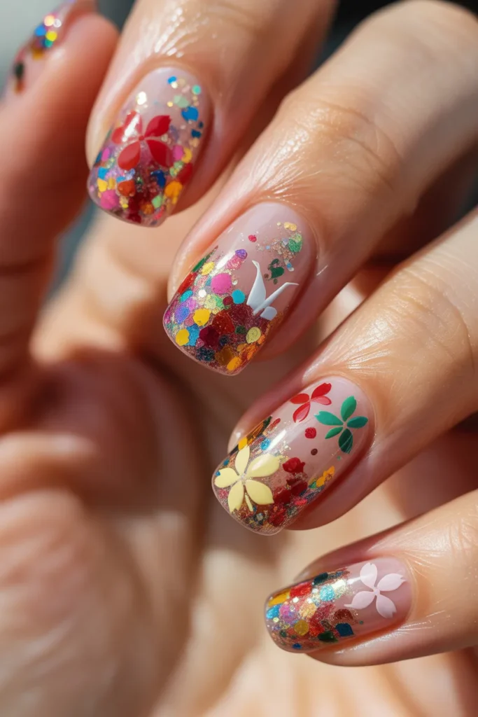 Nails with colorful glitter confetti, transparent base