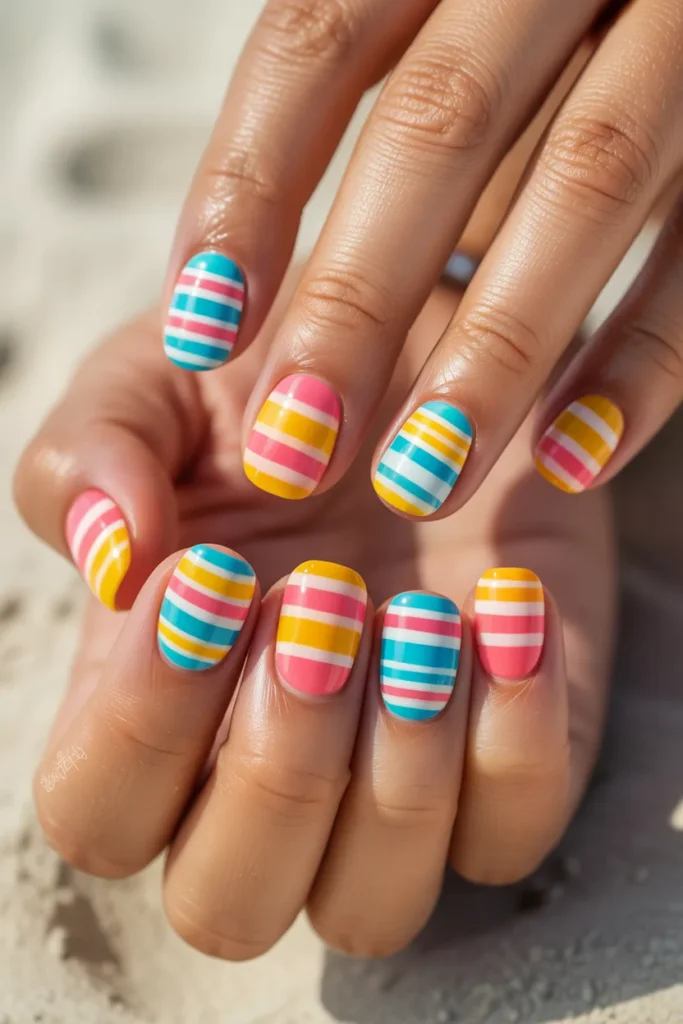 Nails with colorful stripes inspired by beach umbrellas