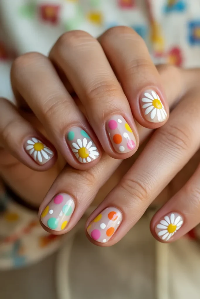 Nails with daisy flowers and polka dots mixed in a playful design