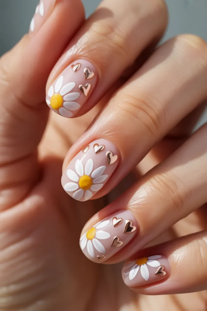 Nails with daisy flowers and small heart accents