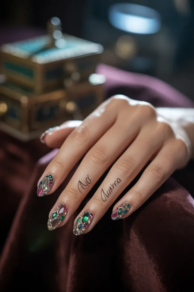 Nails with embedded gem-like designs