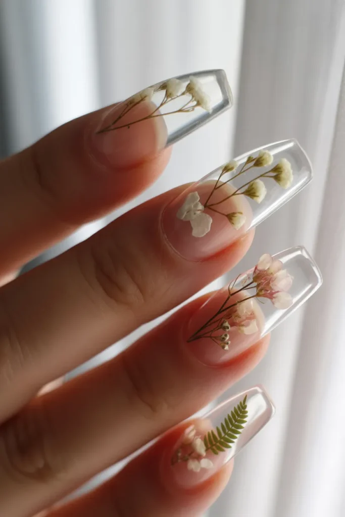 Nails with encapsulated dried flowers, clear acrylic