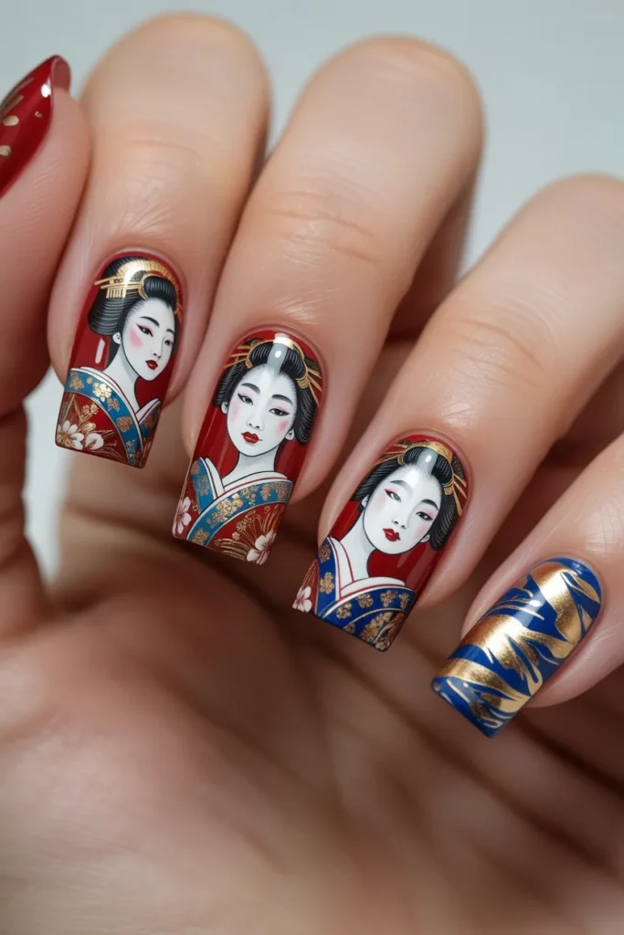 Nails with geisha illustrations