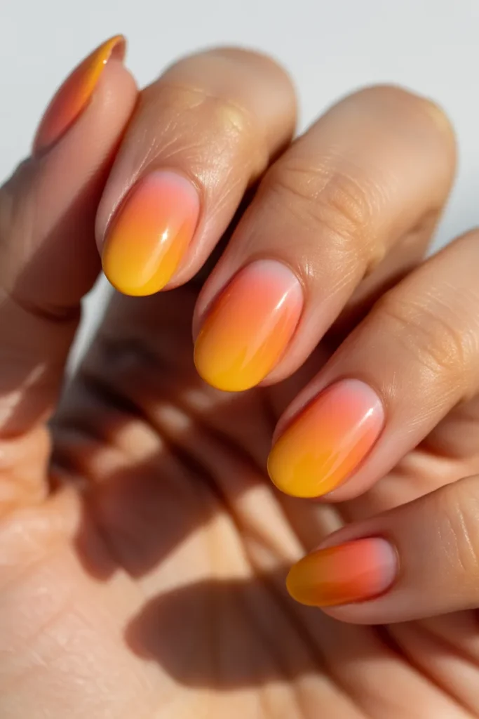 Nails with gradient sunset colors including orange, pink, and yellow