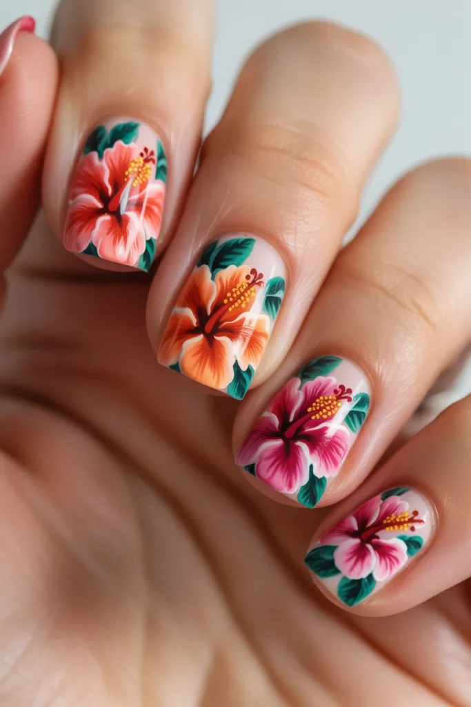 Nails with hibiscus flower designs in bright colors