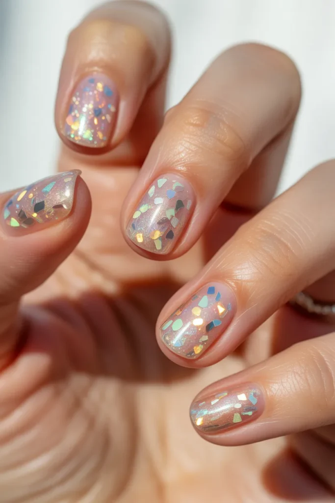 Nails with holographic confetti reflecting rainbow light