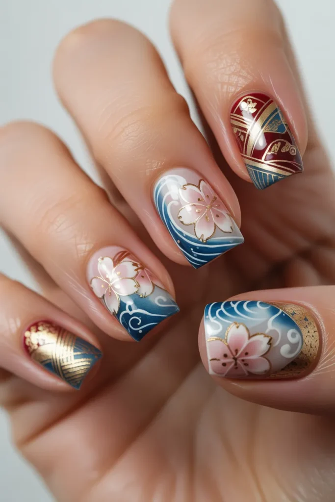 Nails with kimono-inspired patterns, traditional Japanese designs