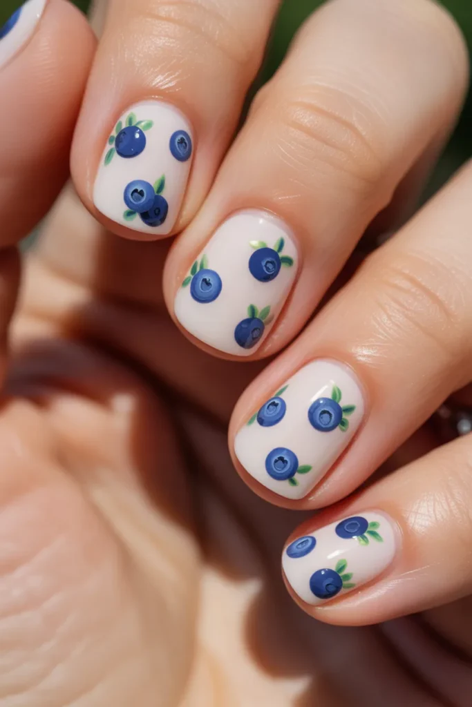 Nails with small blueberry fruit designs on milky base