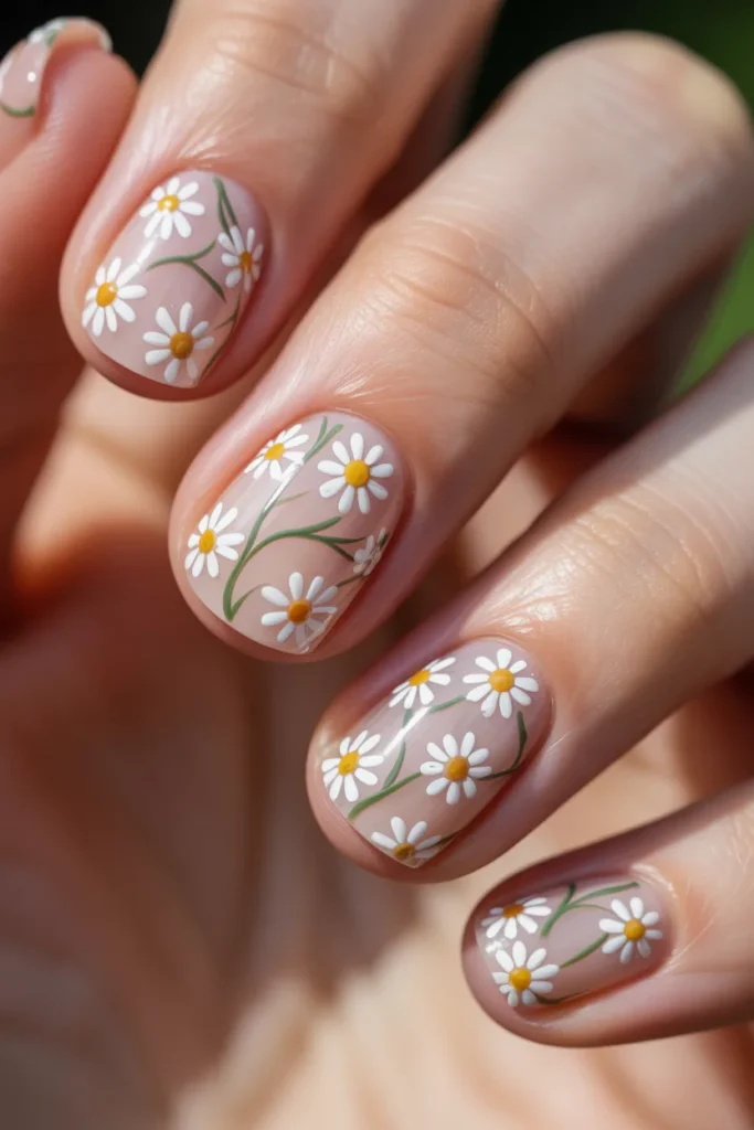 Nails with small connected daisy chains running across the nail