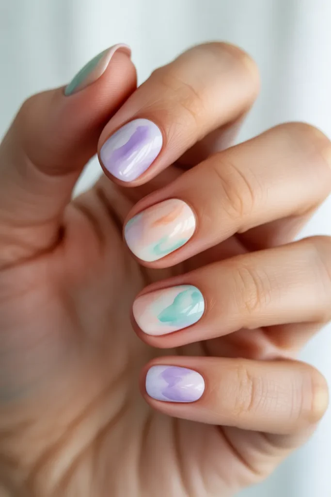 Nails with soft blended pastel watercolor effect