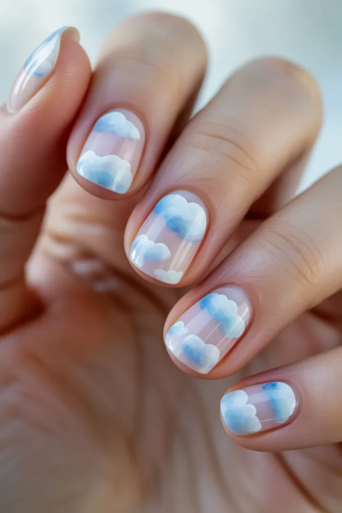 Nails with soft cloud designs, pastel blue and white
