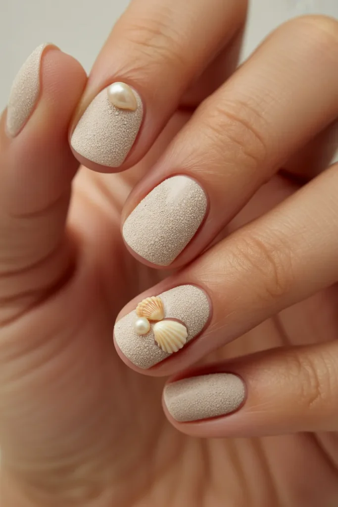 Nails with textured beige polish resembling sand, tiny seashell accents