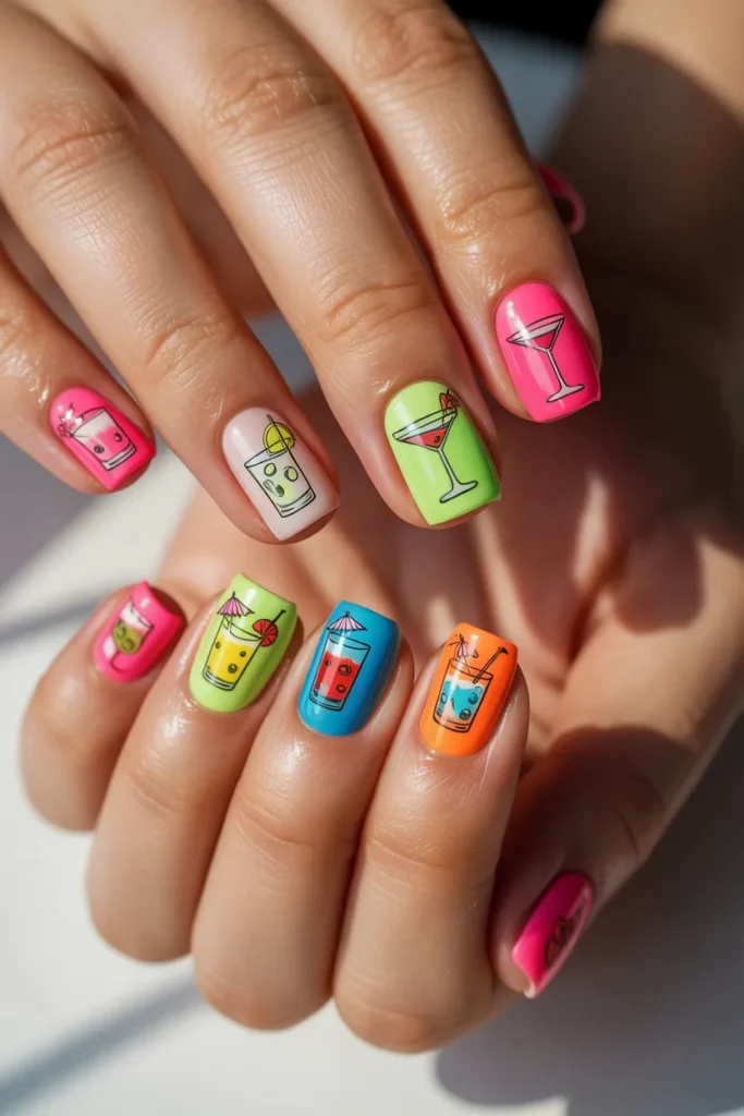 Nails with tiny cocktail illustrations and bright colors