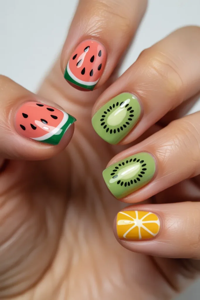 Nails with watermelon, kiwi, and citrus designs