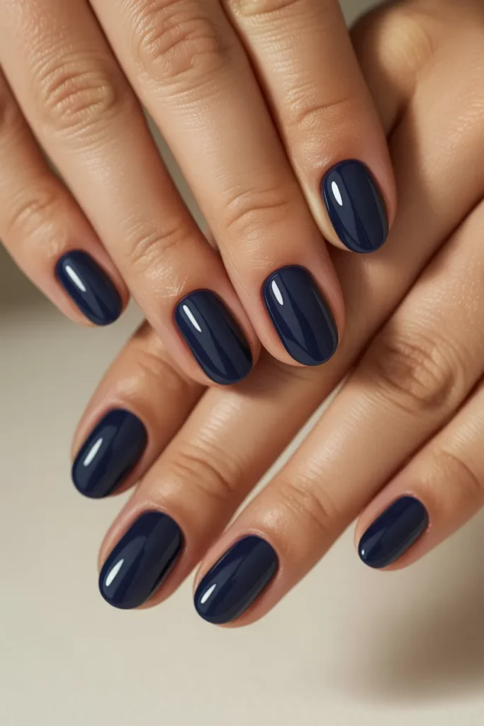 Navy blue glossy oval nails