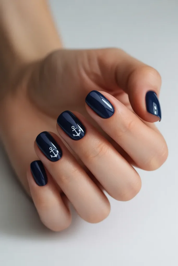Navy nails with small anchor symbols