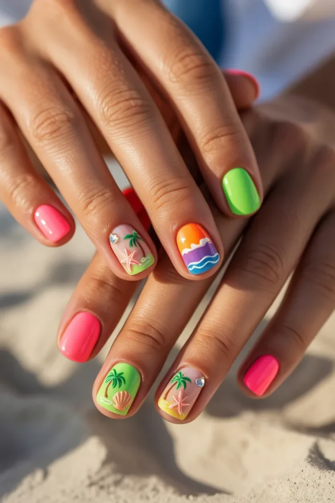 Neon colored nails with beach-themed accents