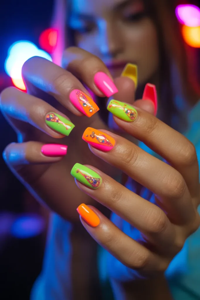 Neon nails, bright colors, party theme