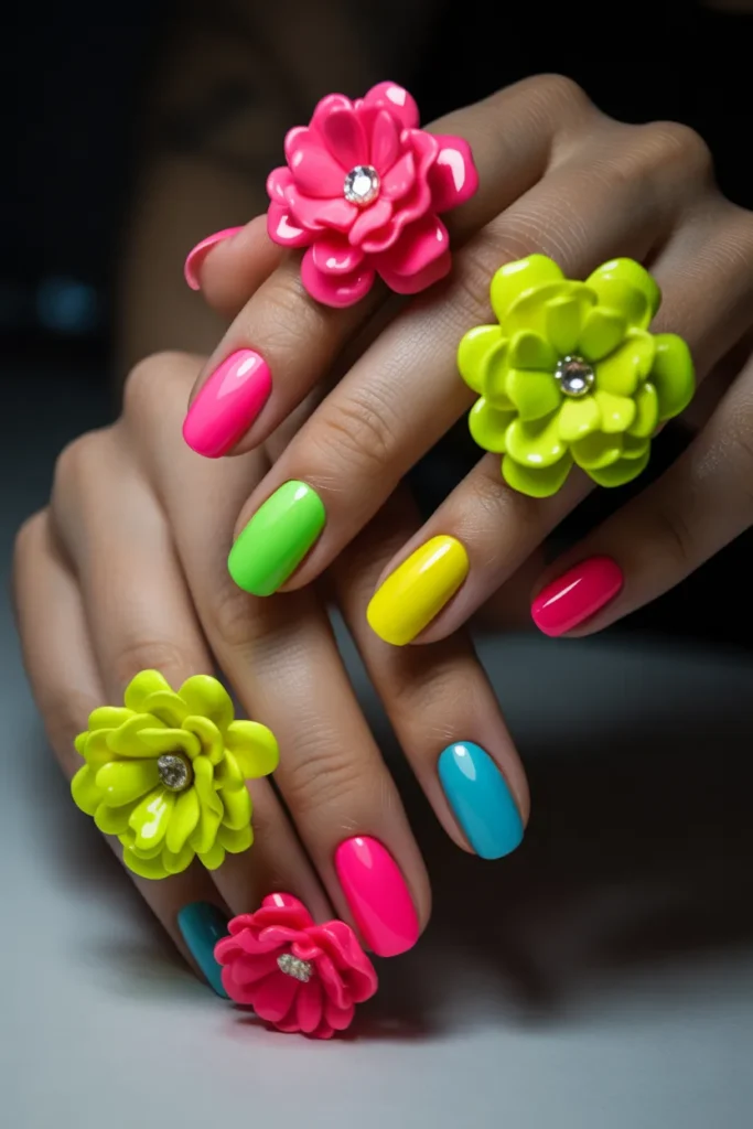 Neon nails with bright 3D flowers