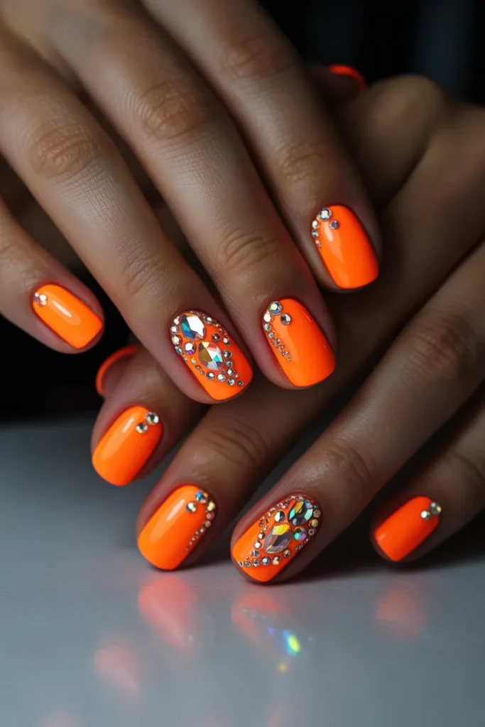 Neon orange nails decorated with rhinestones