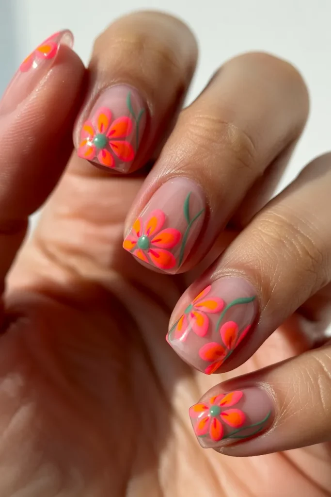 Neon pink and orange flowers on clear nails