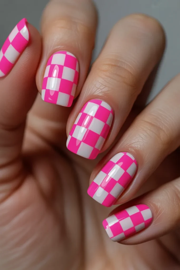 Neon pink and white checkerboard nail design
