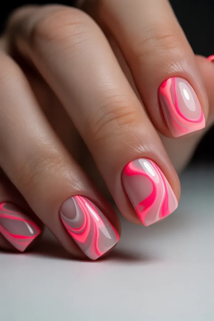 Neon pink and white marble swirl nail