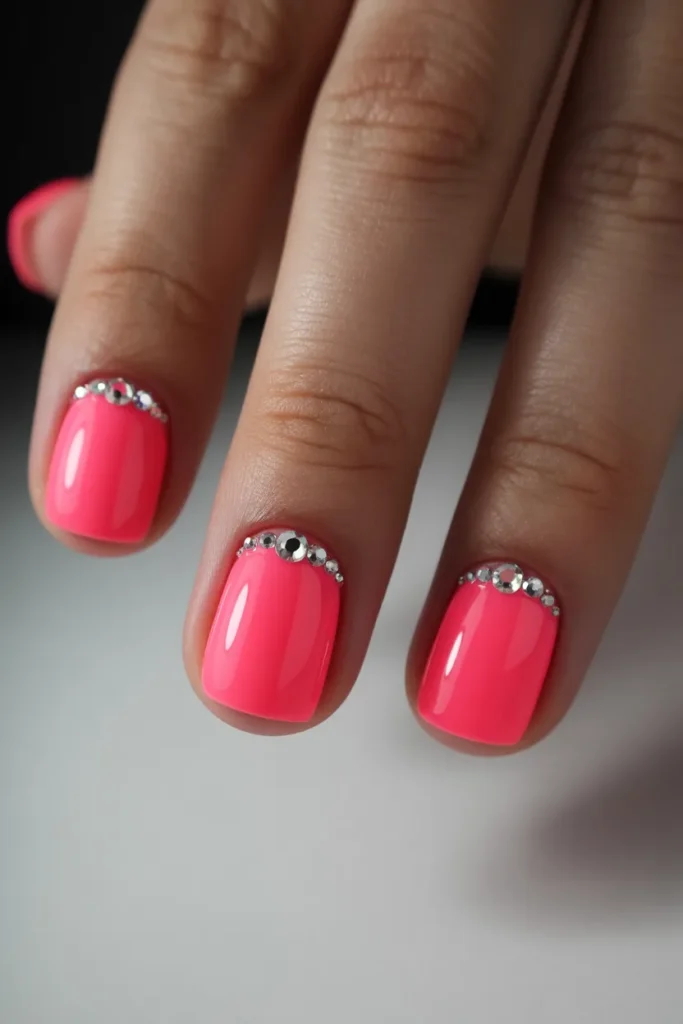 Neon pink nails decorated with small rhinestones near cuticles