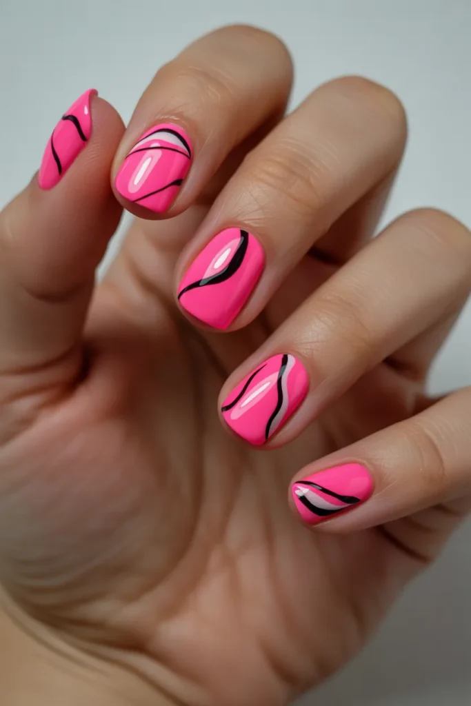 Neon pink nails with abstract black and white lines
