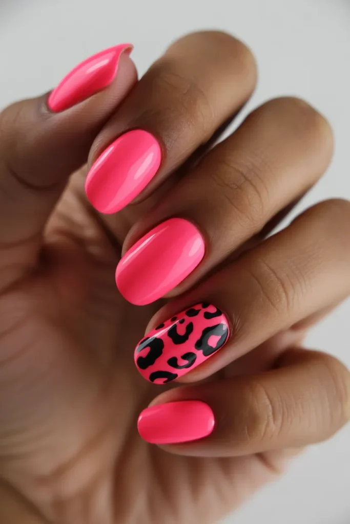 Neon pink nails with black leopard print accents