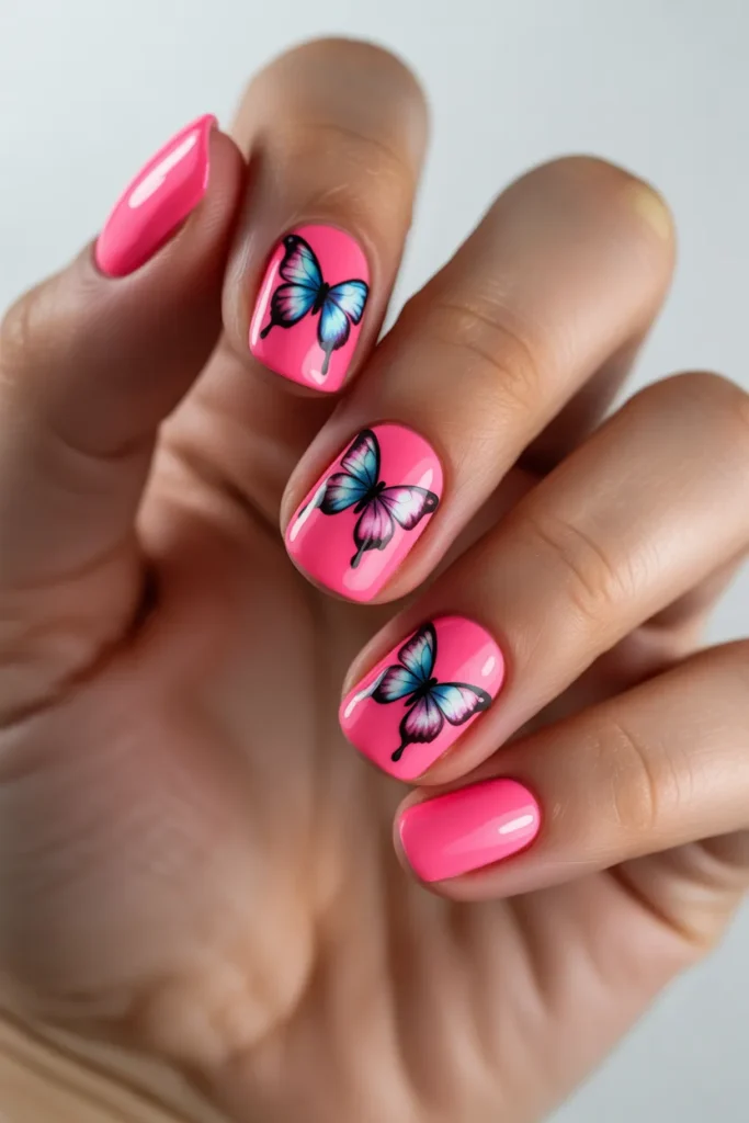 Neon pink nails with butterfly decals